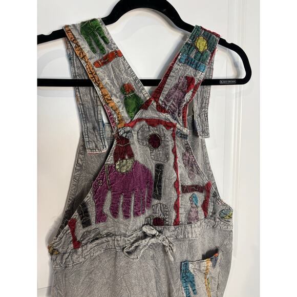 Sacred Threads Elephant Patchwork Cotton Overalls Gray Boho Hippie S/M - Picture 2 of 5